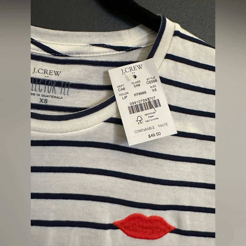 NWT J. Crew Women’s Lips Stripe Graphic Collector Tee Navy White Short Sleeve XS